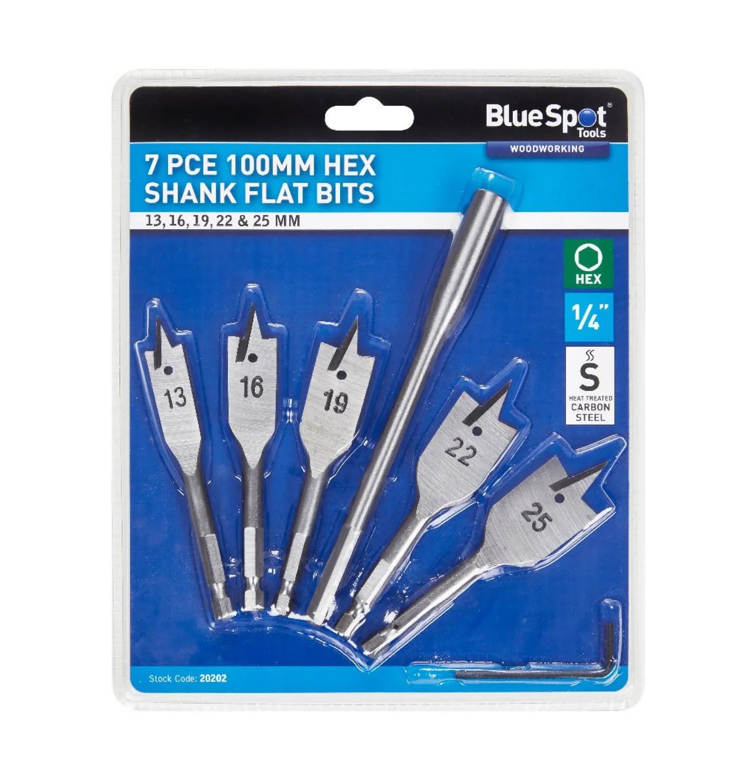 BLUE SPOT TOOLS 7 PCE 100MM STUBBY HEX SHANK FLAT WOOD DRILL BIT SET (13-25MM)