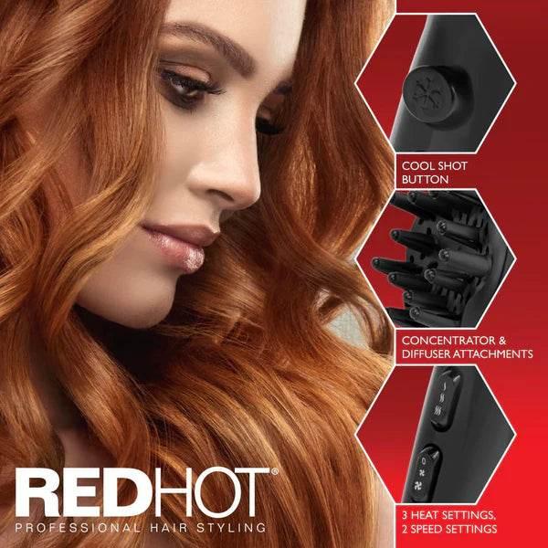Red Hot 2200W Professional Hair Dryer with Diffuser & Concentrator Nozzles - Cloud Nine Stores