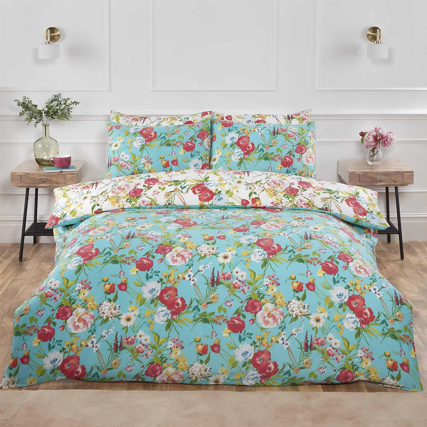 Ashbourne Floral Duvet Cover Set Reversible Bedding Duck Egg - Double