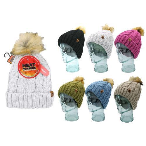 Ladies Heat Machine Cosy Lined Cable Knit Bobble Hat - Cloud Nine Stores Cloud Nine Stores