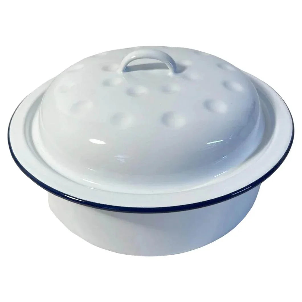 Enamel Round Roaster with Lid White with Blue rim 20cm x 8.5cm deep - Cloud Nine Stores