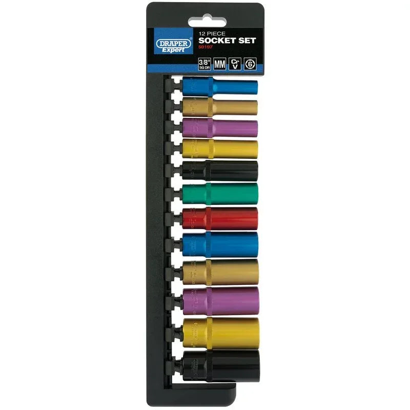 DRAPER EXPERT METRIC COLOURED DEEP SOCKET SET, 3/8" SQ. DR. (12 PIECE) - Cloud Nine Stores Cloud Nine Stores