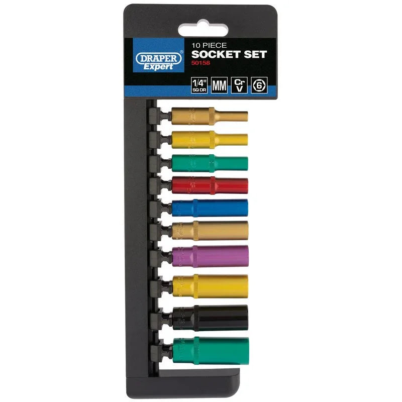 DRAPER EXPERT METRIC COLOURED DEEP SOCKET SET, 1/4" SQ. DR. (10 PIECE) - Cloud Nine Stores