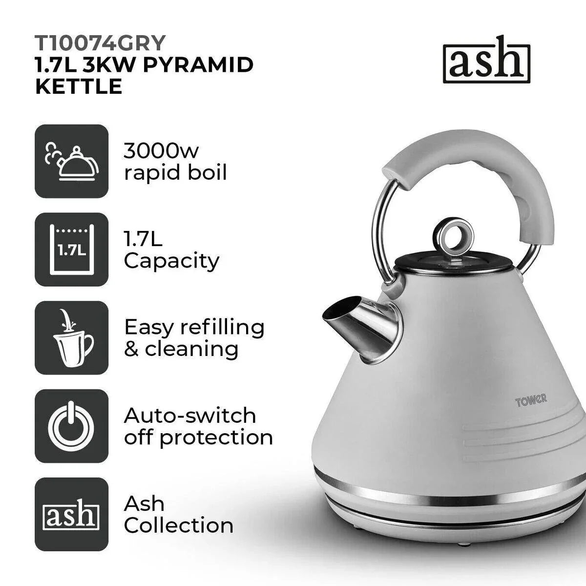 Tower Ash Grey 1.7L 3KW Pyramid Kettle Contemporary Design T10074GRY - Cloud Nine Stores