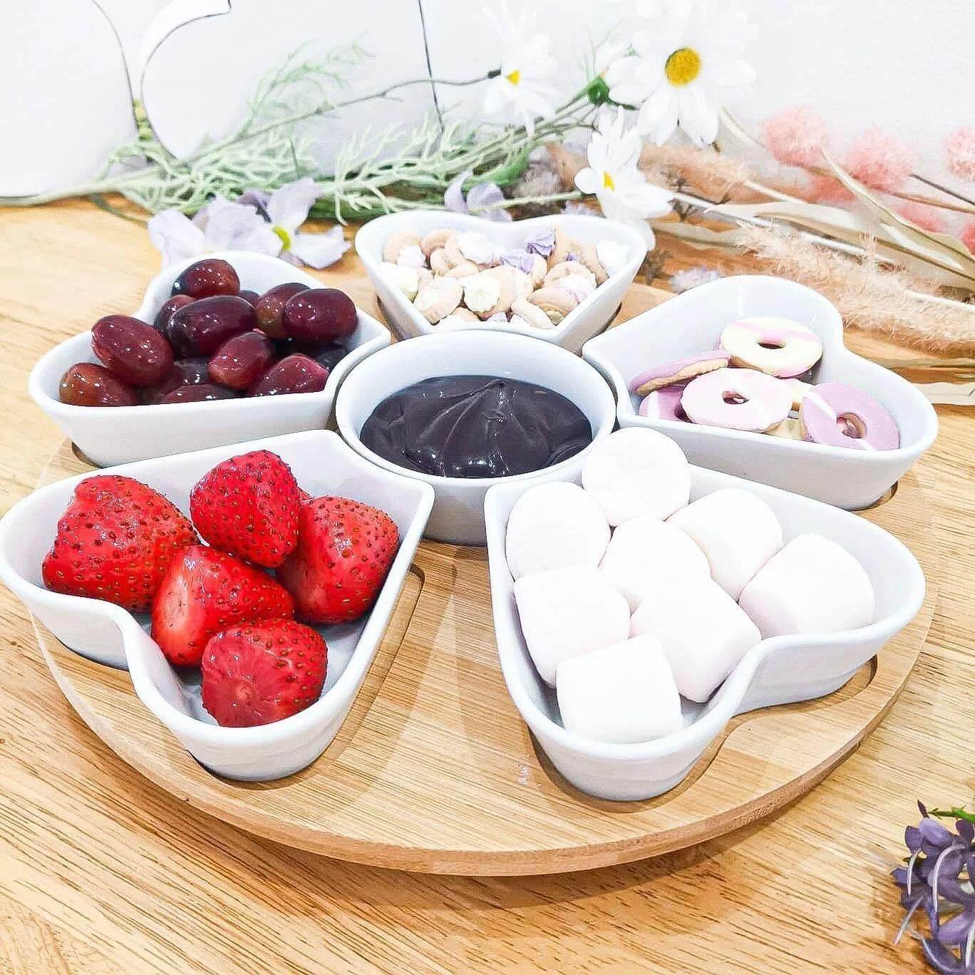 6 Piece Heart Shape Dishes on spinning wooden Board - Tapas set - Cloud Nine Stores