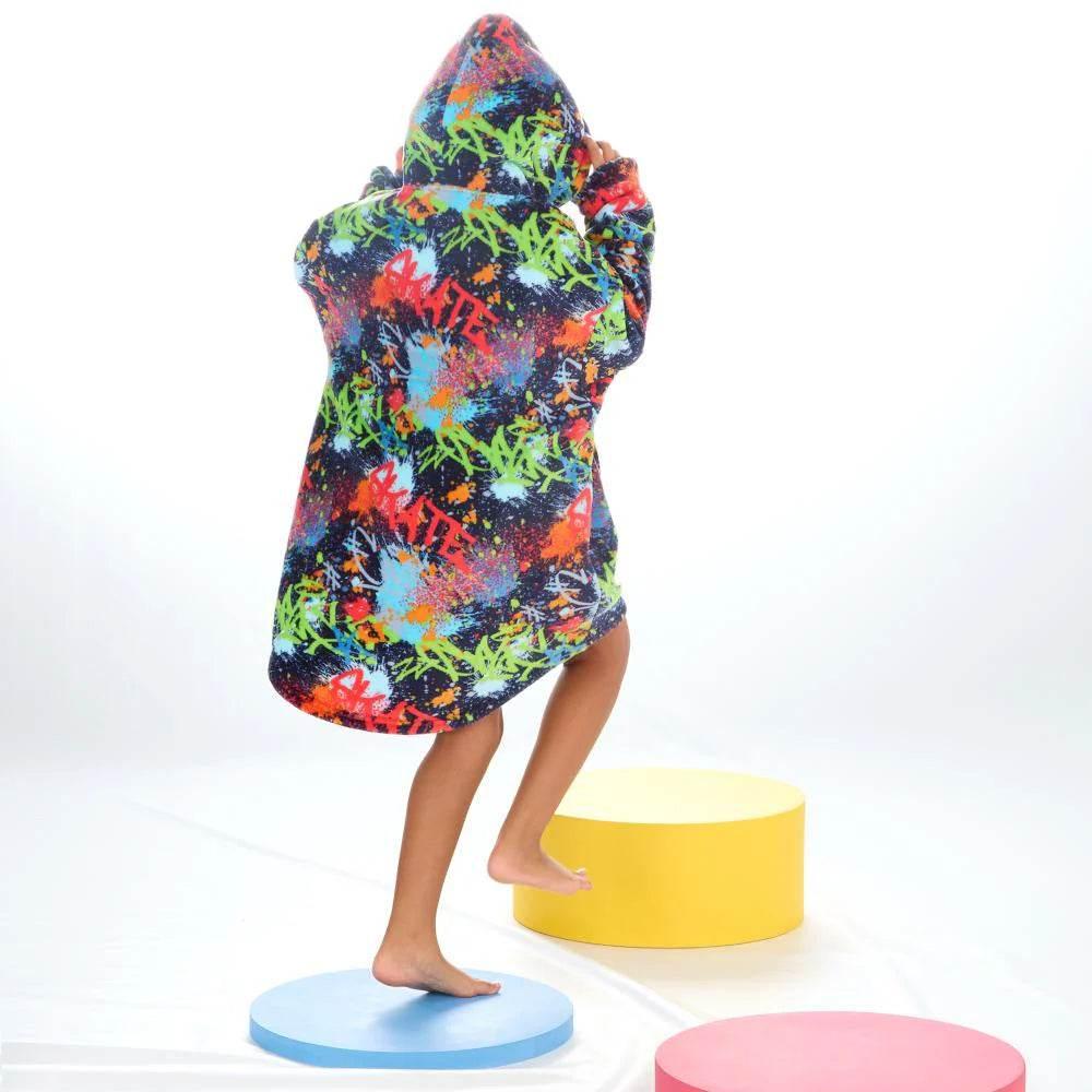 KIDS UNISEX PLUSH GRAFFITI DESIGN OVERSIZED HUGGABLE HOODIE - Cloud Nine Stores