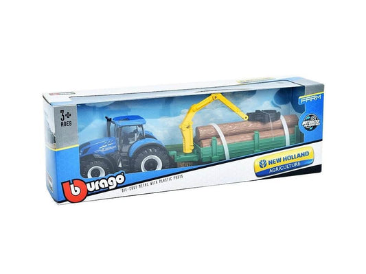 Bburago Die-Cast NEW HOLLAND T7.315 TRACTOR and TREE FORWARDER - Replica Collectible Toy Model - 1:50 Scale - Cloud Nine Stores