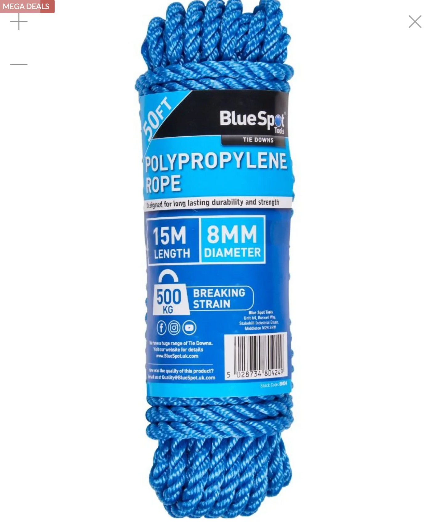 BLUE SPOT TOOLS 15M X 8MM (50FT) POLYPROPYLENE ROPE