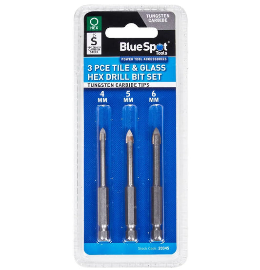 BLUE SPOT TOOLS 3 PCE TILE & GLASS HEX DRILL BIT SET (4-6MM)