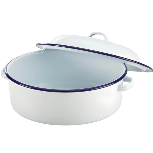 Enamel Round Roaster with Lid White with Blue rim 20cm x 8.5cm deep - Cloud Nine Stores
