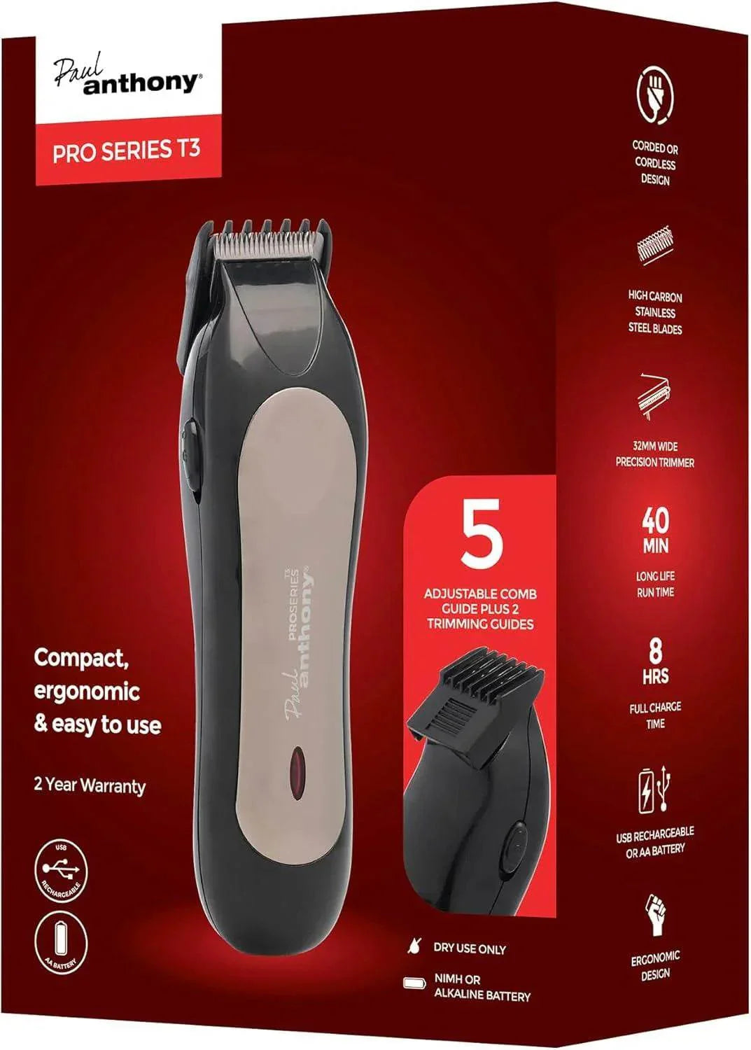 Paul Anthony Pro Series T3 Hair Cutting Clippers, Beard and Neckline Trimmer - Cloud Nine Stores