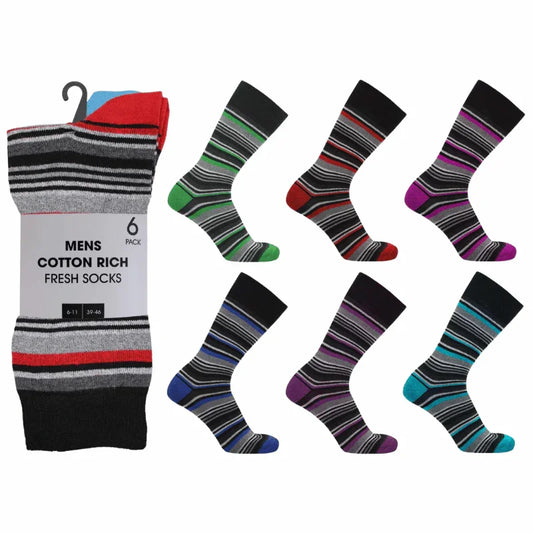 Mens 6 Pack Cotton Rich Fresh Socks - Stripe - Cloud Nine Stores