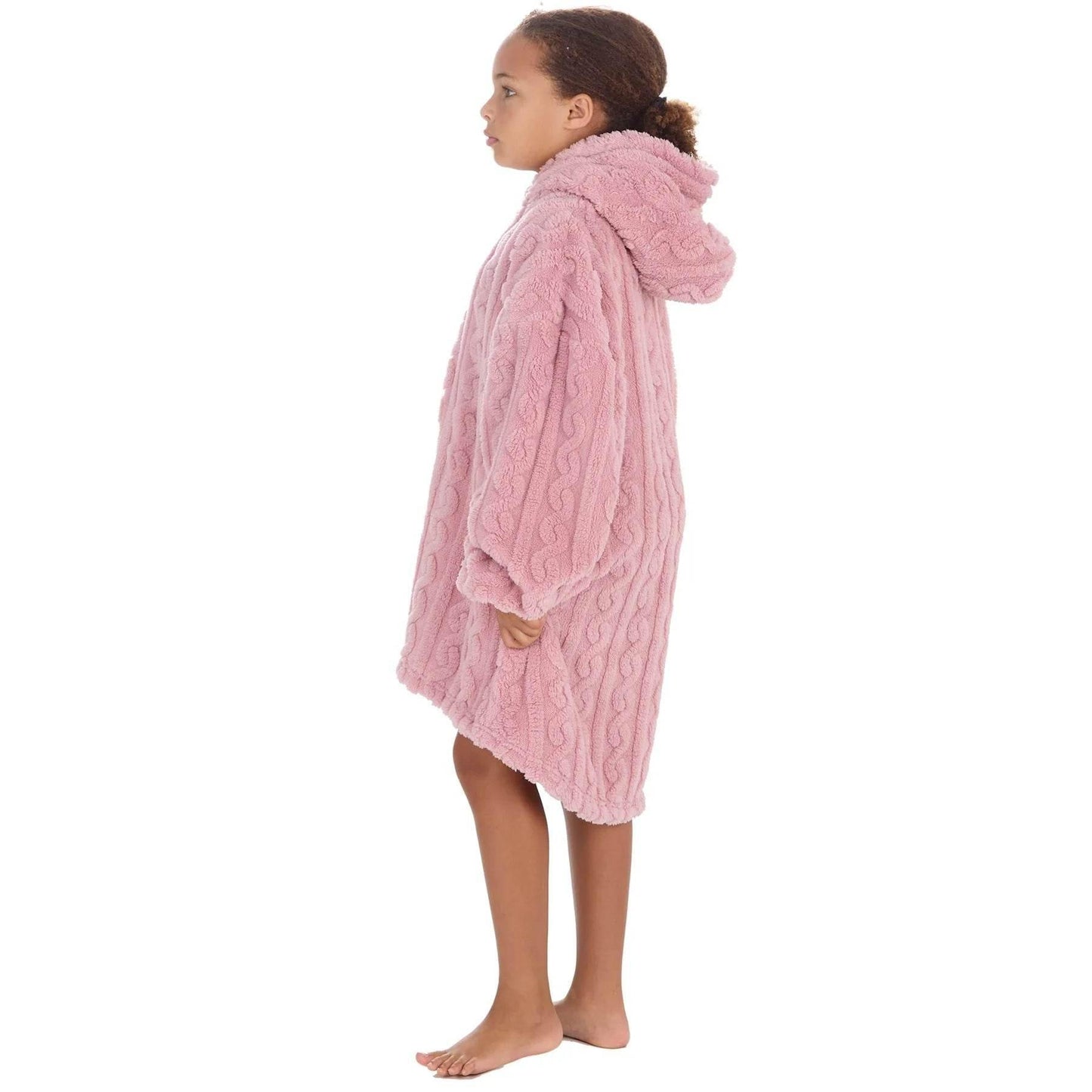 KIDS SHERPA CABLE DESIGN PINK HUGGABLE OVERSIZED HOODIE - Cloud Nine Stores