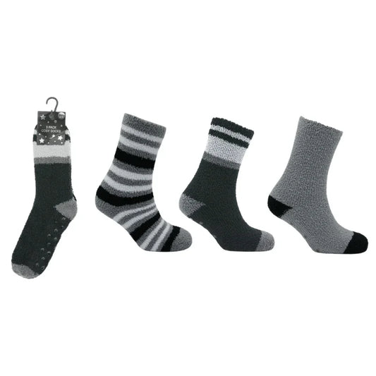 Mens 3 Pack Grey Mixed Design Cosy Socks With Gripper - Cloud Nine Stores