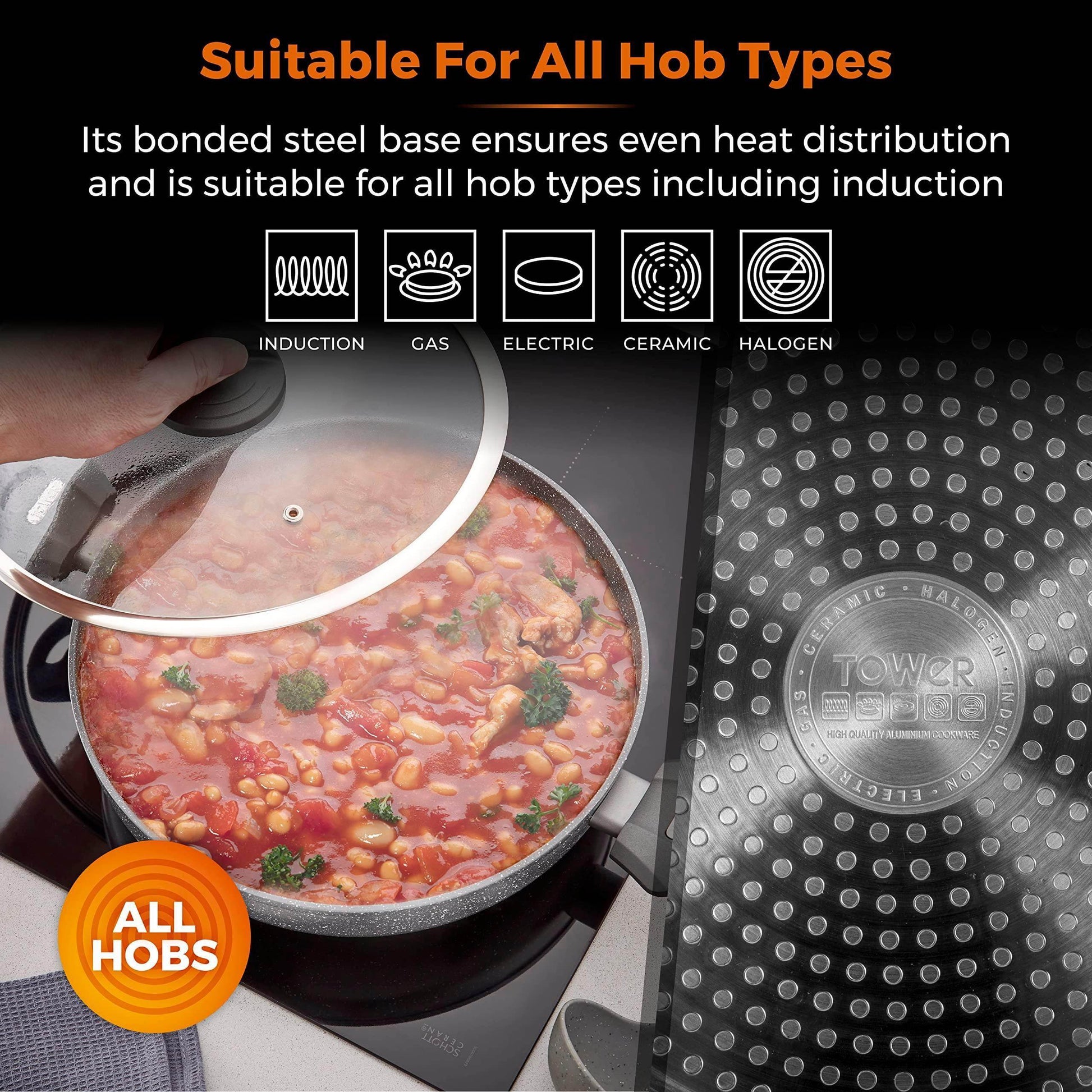30cm Casserole Pot Low - Tower T81285 Cerastone Coating/Glass Lid in Graphite - Cloud Nine Stores