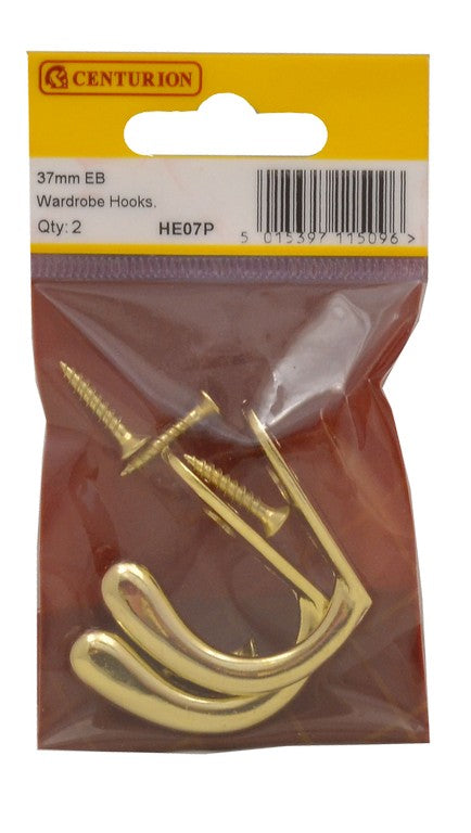 37mm Die Cast Wardrobe Hook - Brass - Pack of 2