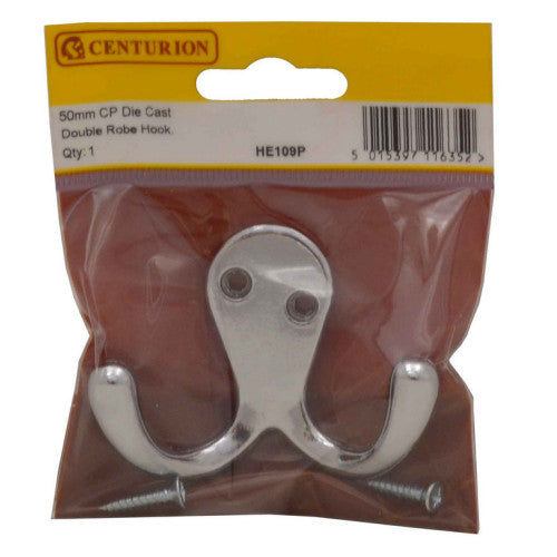 70mm Die Cast Double Robe Hook - Chrome Plated - Pack Qty 1 Cloud Nine Stores