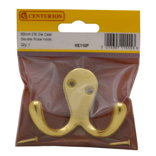 70mm Die Cast Double Robe Hook - Brass - Pack Qty 1 Cloud Nine Stores