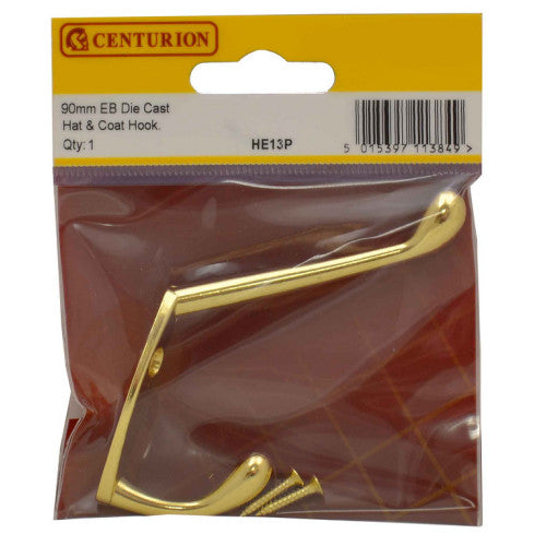 90mm Die Cast Hat & Coat Hook - Brass - Pack Qty 1 Cloud Nine Stores