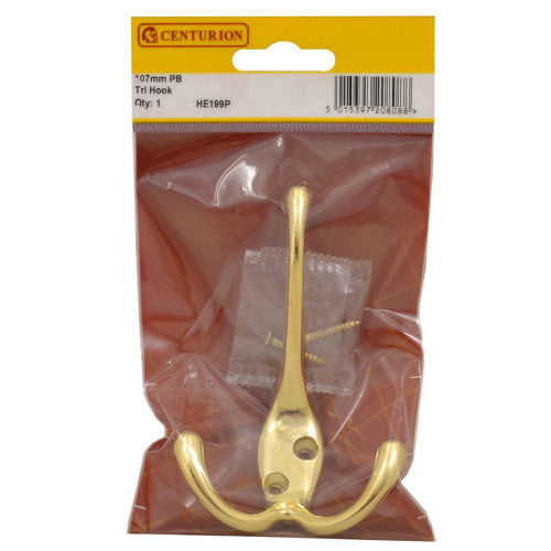 107mm Die Cast Hat & Coat Tri Hook - Polished Brass - Pack Qty 1