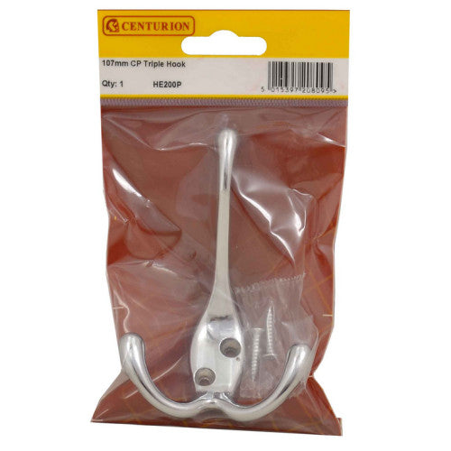 107mm Die Cast Tri Hook - Chrome Plated - Pack Qty 1 Cloud Nine Stores