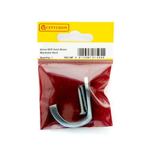 37mm Solid Brass Single Wardrobe Hook - Satin Chrome - Pack Qty 1
