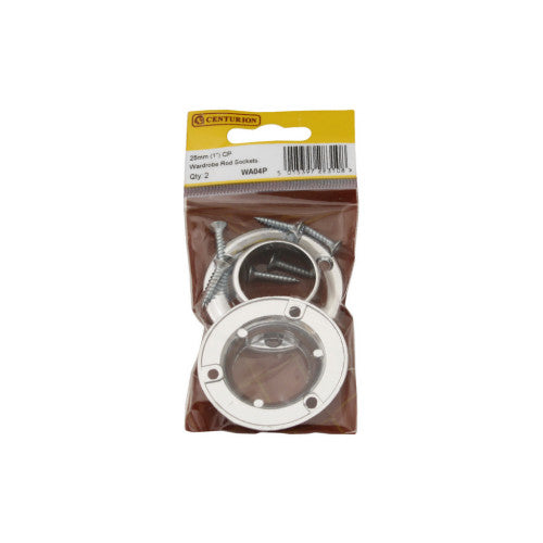 CENTURION 25mm (1") Wardrobe Rod Sockets - Chrome Plated - Pack of 2
