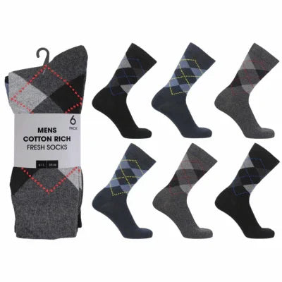Mens 6 Pack Cotton Rich Fresh Socks - Argyle - Cloud Nine Stores