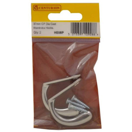 50mm Die Cast Single Wardrobe Hook - Chrome Plated - Pack of 2