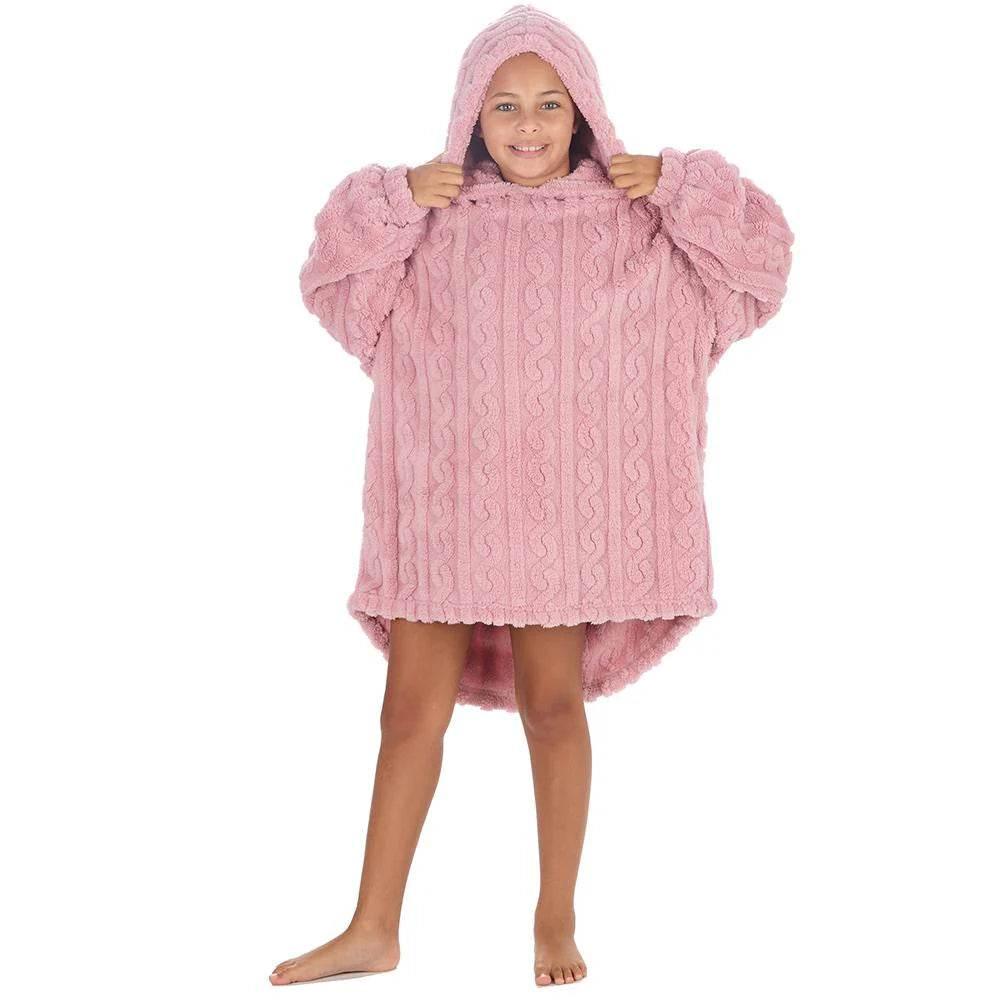 KIDS SHERPA CABLE DESIGN PINK HUGGABLE OVERSIZED HOODIE - Cloud Nine Stores