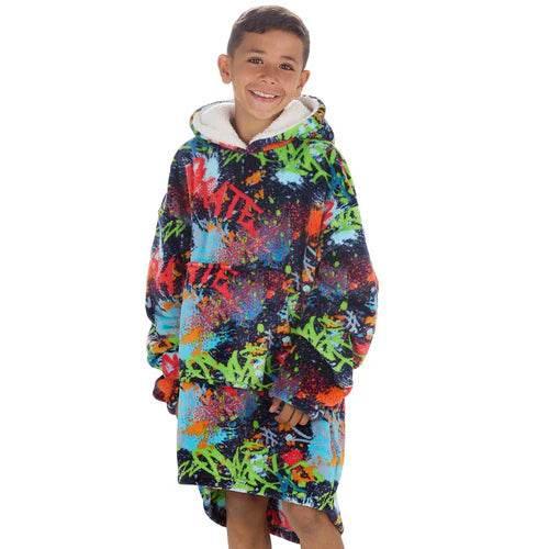 KIDS UNISEX PLUSH GRAFFITI DESIGN OVERSIZED HUGGABLE HOODIE - Cloud Nine Stores
