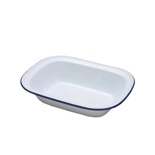 Enamel Pie Dish White with Blue rim 300ml 18cm x 13.5cm x 4cm - Cloud Nine Stores