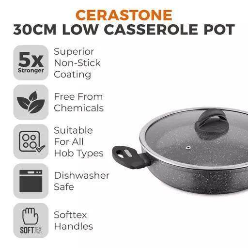 30cm Casserole Pot Low - Tower T81285 Cerastone Coating/Glass Lid in Graphite - Cloud Nine Stores