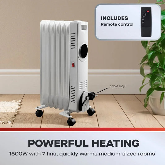 Daewoo 1500W Oil Filled Radiator with LED Display & Remote Control