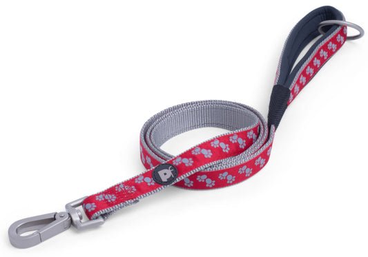 PADDED DOG LEAD RED PAWS MED