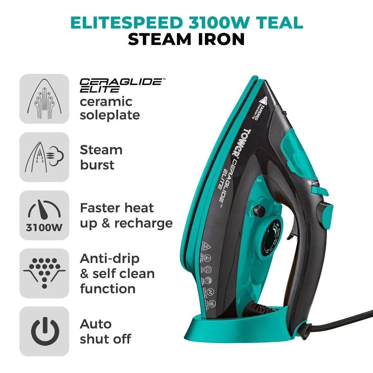 Tower Elite Steam Iron Teal 3100w - Cloud Nine Stores