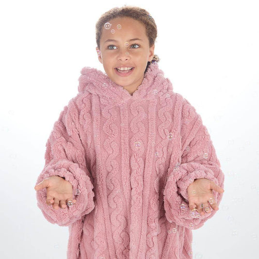 KIDS SHERPA CABLE DESIGN PINK HUGGABLE OVERSIZED HOODIE - Cloud Nine Stores